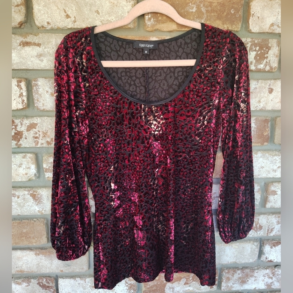 Karen Kane Animal Print Velvet Burnout Stretch Knit Scoop Neck Top  M Y2K Grunge